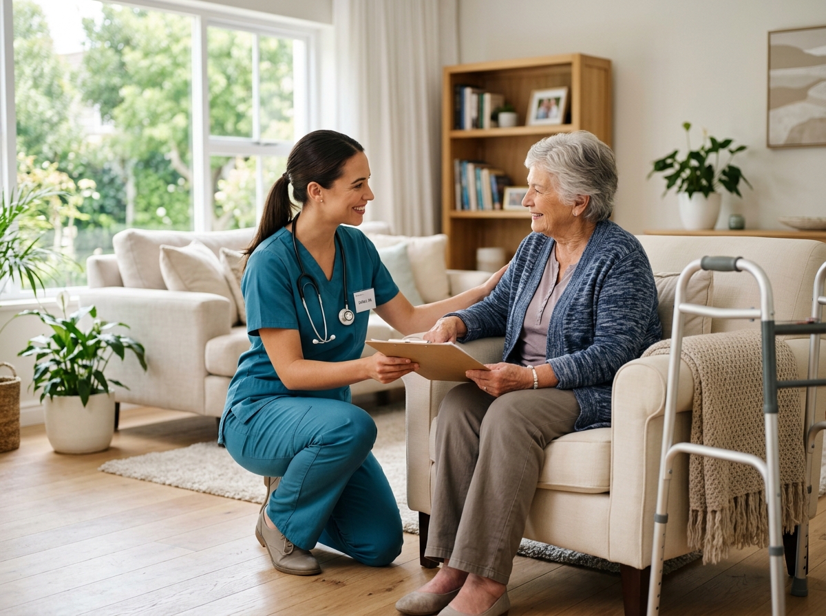 Compassionate healthcare professional assisting patient at home